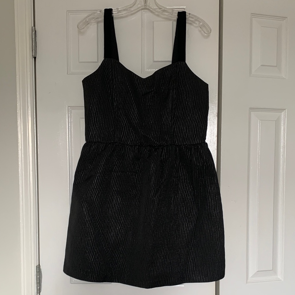 Chic Black Textured Slightly Pinned Striped Mini Dress